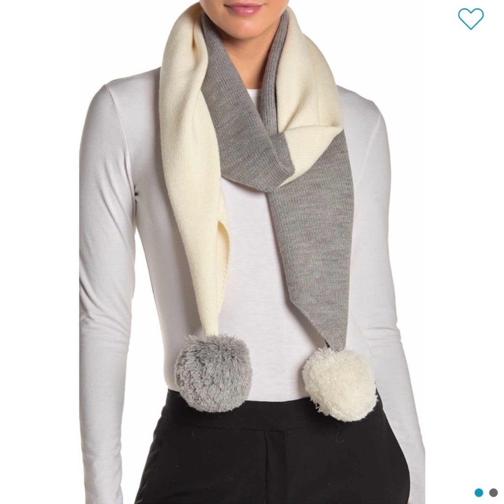 Kate Spade Heather Gray/ Cream color block muffler Pom Pom scarf NWT